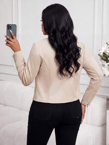 SHEIN Lady CURVE Áo khoác da lộn màu đen cỡ lớn cho nữ, thanh lịch cho trang phục đi làm hàng ngày và công sở - Màu be - Xem 2