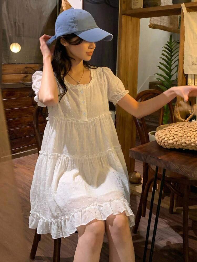 Short Frill Trim Short Sleeve Solid Color Dress, Women Summer Sleepwear