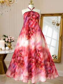 Rometta Plus Size Women Floral Print Casual Halter Neck Dress - Multicolor - View 6