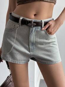 Livesso Quần short denim đính đá lấp lánh phong cách Y2K dành cho nữ, thích hợp mặc hàng ngày đi làm, không kèm thắt lưng. - Rửa nhẹ - Xem 5