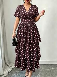 Vionelle Gaun Panjang Elegan Motif Polkadot untuk Wanita Ukuran Plus, Musim Semi/Panas - Coffee Brown - View 3