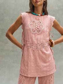 Camisa suelta de unicolor casual con parches tejidos y encaje - Rosa vieja - Ver 4