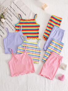 SHEIN 8pcs Young Girl Knitted Solid Striped Casual Camisole And Shorts Set - Multicolor - View 2