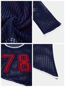 Gowayae Gowayae Y2K Baddie 78 Distressed American Campus Grid Mesh Sweater, Asymmetrical Hem Layering Streetwear Top For Women - Blue - View 12