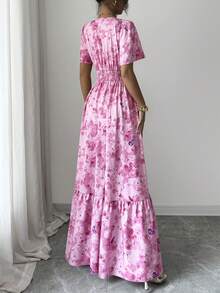 Elenzga Robe longue évasée à taille cintrée, col V, manches courtes, motif floral rose. Convient pour les sorties, les tenues décontractées, les vacances, la plage. Style mature et léger, pour le port quotidien, les anniversaires, les mariages, les nouvelles robes d'été, les tenues de bureau élégantes. - Multicolore - Voir 2
