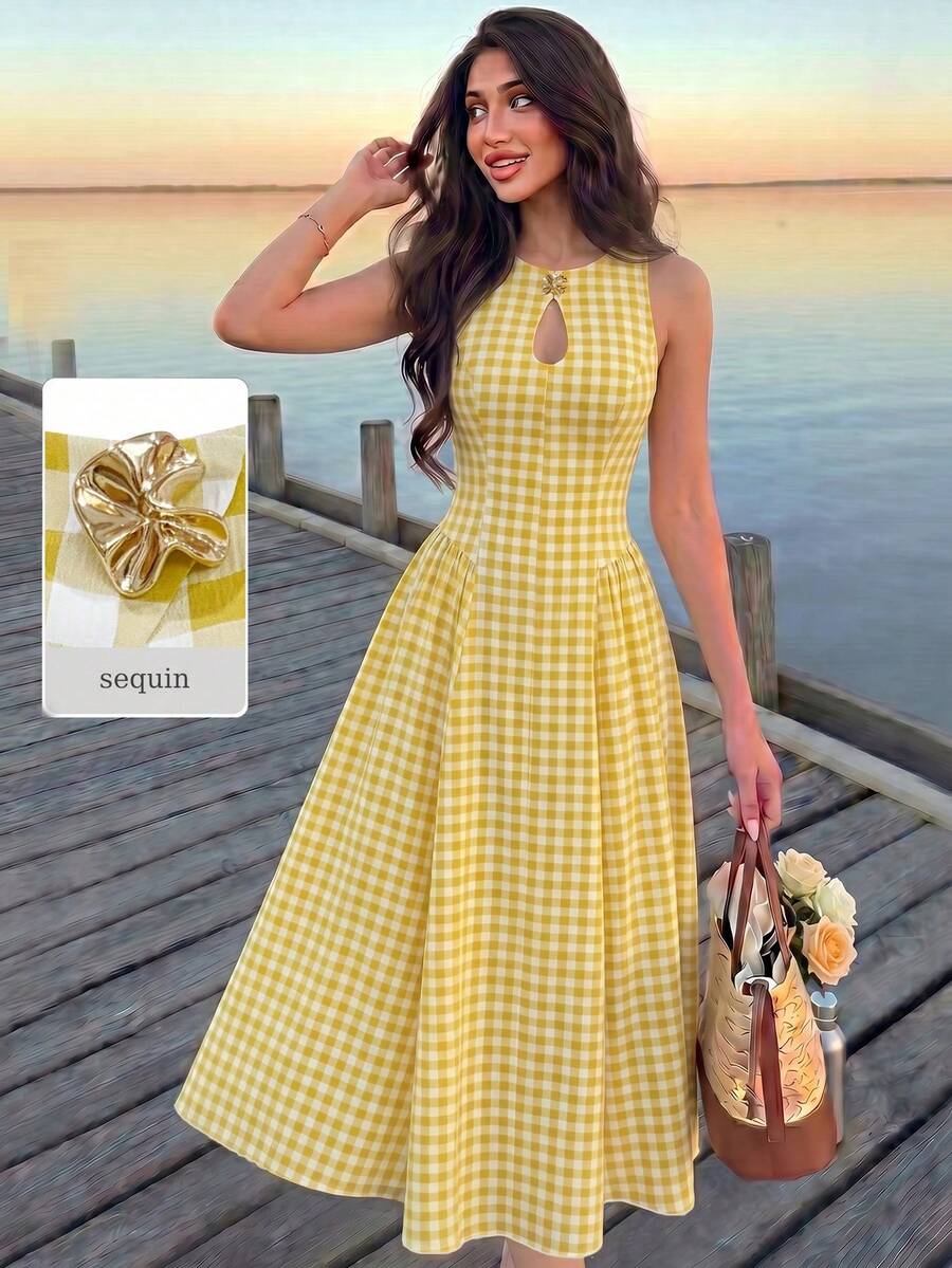 NOVVYNE 女士春夏黄色格纹水滴领金属扣腰A字优雅浪漫中长连衣裙