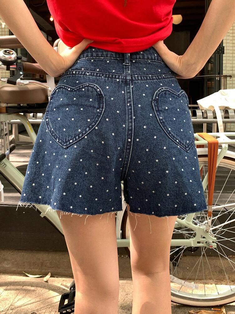 Women's Polka Dot & Heart Print Pocket Casual Jeans
