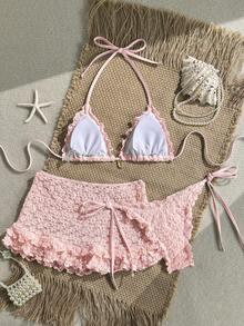 Bộ bikini 3 mảnh Swim Mod, màu trơn, họa tiết hoa, chất liệu giả vỏ sò ánh ngọc trai, áo bikini tam giác buộc dây bên hông và chân váy xếp ly, bộ đồ bơi gợi cảm cho kỳ nghỉ xuân/hè. - Màu Hồng baby - Xem 2