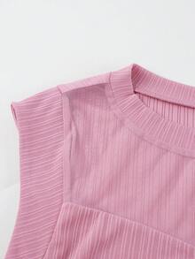 Franclia Summer New Arrival Niche Round Neck Short Sleeve Casual Minimalist Fitted Mesh Splice T-Shirt - Baby Pink - View 4
