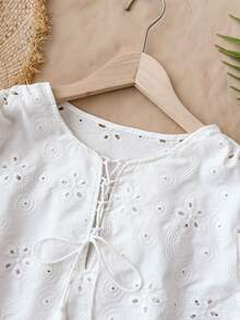 Travachic 2026 Spring/Summer Embroidered Hollow-Out White Blouse,Boho Vacation Holiday Summer Top Shorts Outfits For Women Brunch Two Piece Set Summer Outfits - White - View 3