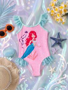 SHEIN Traje de baño de una pieza con estampado minimalista para niña - Verde - Ver 9