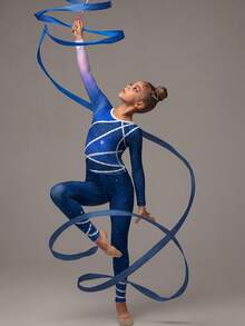 SHEIN Elite Gymnastics Leotard For Young Girls,Summer Sport Competition-Grade High-Elasticity Fabric,Artistic Line Print Pattern For Training&Performances - Navy Blue - View 6