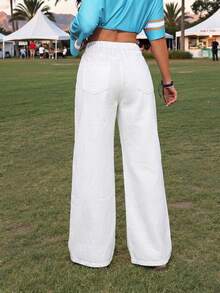 SHEIN PETITE CURVE Plus Size Women Loose Fit Pockets Wide Leg Casual Jeans - White - View 2