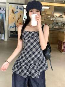 DAZY 女款格紋圓領休閒短袖襯衫 夏季校園風 - 藍色 - 查看 5