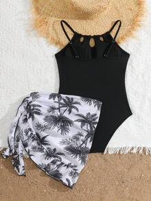 SHEIN 少女休闲度假连体泳衣套装 - 纯色连体泳衣搭配热带树叶图案短裙 - 时尚夏季女童泳衣套装 - 黑與白 - 查看 2