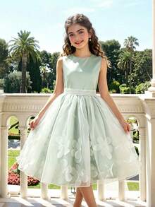 SHEIN Vestido corto de niña de las flores de diseño nuevo, vestido formal de tul esponjoso, vestido de actuación de piano - Verde - Ver 3