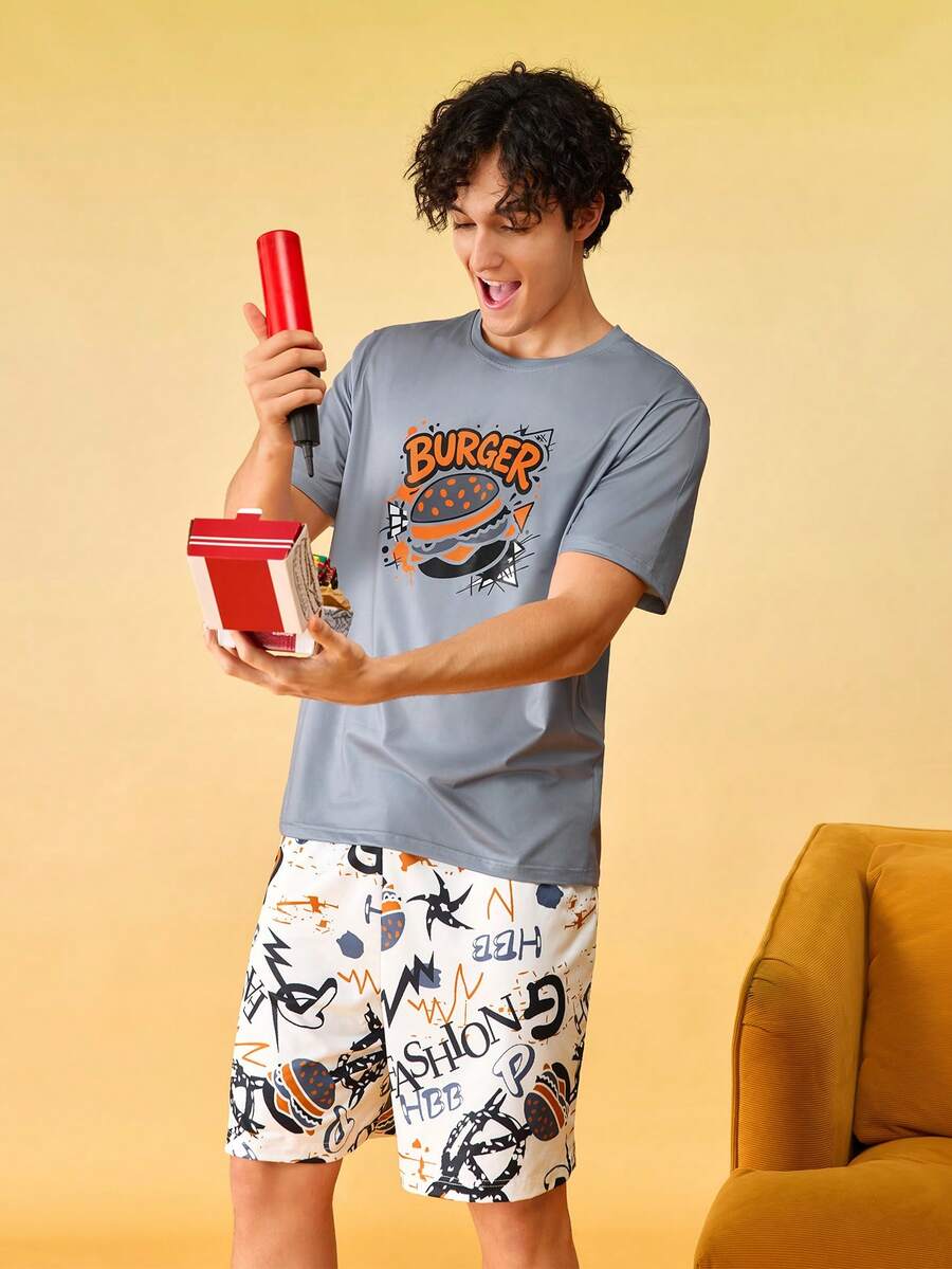 Notgurli Men's Summer Printed Round Neck Short Sleeve Shorts Casual Comfortable Pajama Set Home Orange White - Multicolor - View 1