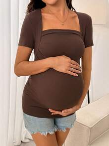 SHEIN Maternity Casual Solid Color Square Neck Fitted Short Sleeve T-Shirt, Summer - Brown - View 6