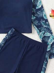 SHEIN Bộ đồ bơi 2 mảnh Tankini và quần short họa tiết cây nhiệt đới tay áo Raglan cho bé gái tuổi teen - Màu xanh hải quân - Xem 4