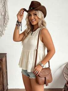 LanaWest CURVE Tank Top Kasual Tanpa Lengan Ukuran Besar Warna Polos Leher Bulat dengan Hem Berkerut - Aprikot - View 6
