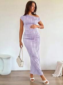SHEIN Maternity Solid Color Textured Fitted Elegant Dress - Mauve Purple - View 4