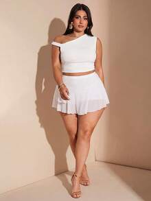 SHEIN BAE Set de 2 piezas para mujer de talla grande con top asimétrico con cuello verde oliva y volantes, y falda ajustada con volantes, conjunto para vacaciones - Blanco - Ver 5