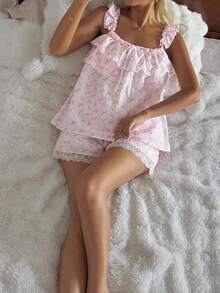 DAZY 2pcs Sweet Ditsy Floral Ruffle Lace Patchwork Sleeveless Top And Loose Shorts Pajama Set For Women, Summer - Pink - View 5