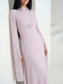 Veilorie Women's Solid Color Stand Collar Extra Long Sleeve Pleated Waist Elegant Dress Orchid Dress Party Dress - Pink - View 2