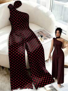 GlowEve CURVE Plus Size Women's Elegant Black & White Polka Dot Asymmetric Neck Jumpsuit, Suitable For Commuting, Spring/Summer - Multicolor - View 1