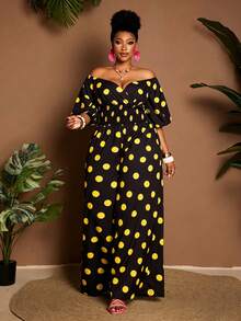 Maweii Plus Size Off Shoulder Polka Dot Drawstring Waist Short Sleeve Jumpsuit - Multicolor - View 6