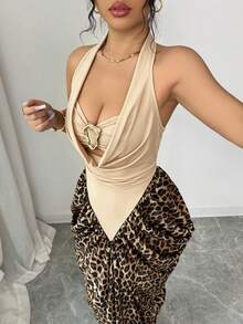 Elenzga Women's Spring/Summer Sexy Halter Tie-Up Leopard Print Patchwork Asymmetrical Design Bodycon Dress - Apricot - View 7