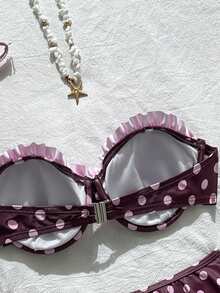 Bonvoyette Bộ bikini nữ mùa hè 2026 mới, kiểu dáng dễ thương, bèo nhún, dây mảnh, hở lưng, họa tiết chấm bi, phối màu, có gọng. - Hồng - Xem 6