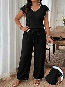 SHEIN Frenchy Bộ 2 món dành cho nữ cỡ lớn, gồm áo và quần tay bồng thêu họa tiết vỏ sò. - Nhiều màu - Xem 1