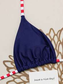 Swim Vcay Bộ bikini hai mảnh buộc dây màu xanh hải quân, sọc đỏ và trắng mới, kiểu dáng tam giác, gợi cảm, thích hợp cho mùa xuân/hè. - Nhiều màu - Xem 4