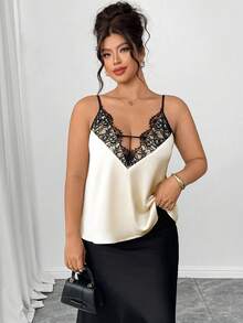 Elenzga Áo hai dây satin bóng phối ren dành cho nữ cỡ lớn, gợi cảm, thanh lịch, sang trọng, thích hợp cho kỳ nghỉ, màu mơ. - Màu be - Xem 3