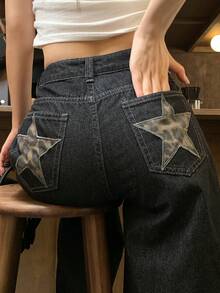 Dazy-Less Quần jeans nữ dáng rộng thoải mái với túi đính hình ngôi sao. - màu đen - Xem 1