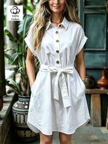 Linavere Women's Fashionable Elegant Turndown Collar Button Dress With Belt - Commuting Casual Style - Short Sleeve White Dress, Spring/Summer - White - View 1