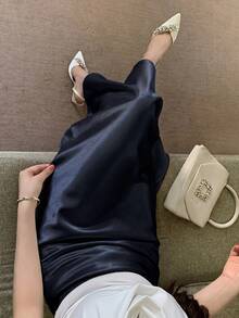 DAZY 女士优雅纯色弹力腰半身裙，春夏款 - 藏蓝色 - 查看 6