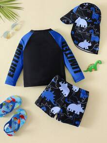 SHEIN Bubblio 3pcs/Set Baby Boy Colorblock Neon Dinosaur Print Swimsuit Set With Rash Guard And Sun Hat, Suitable For Vacation, Beach, Swimming - Blue - View 2