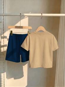 SHEIN 1998 年款男童休闲印花 T 恤套装，经典文字和数字图案，适合春夏穿着 - 彩色 - 查看 6