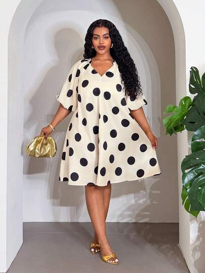 Slaydiva New Summer Style, Birthday Party, Daily Commute, Versatile Basic, Casual, Vacation, Cruise Travel, Beach, Seaside, Sunbathing, Item, Date, Shopping, Sexy Vacation, Island Vacation, Bohemian, Summer Vacation Outfit, Party, Music Festival, Hotel Vacation, Sexy Brunch Loose V-Neck Puff Sleeve A-Line Babydoll Polka Dot Print Plus Size Mini Dress