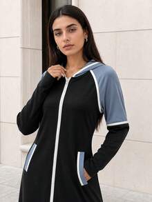 Solavon Women's Casual Contrast Piping Slant Pocket Zipper Front Hooded Arabian Modest Long Sleeve Dress Sporty Dresshooded Dress Black - Black - View 4