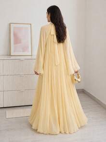 Solavon Vestido feminino estilo árabe, cor sólida, gola falsa, plissado, manga flare - Amarelo - Ver 3