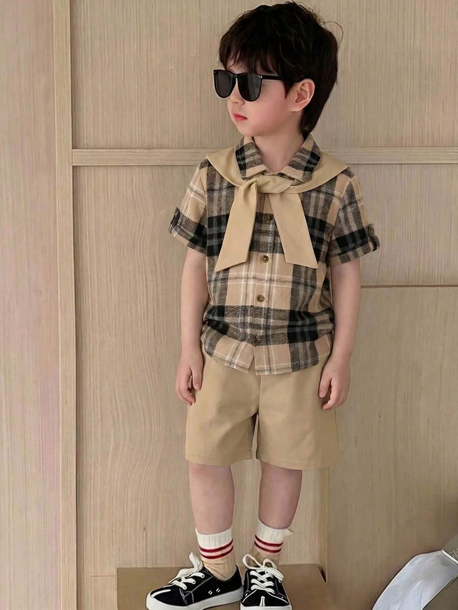 SHEIN Little Byeori 3件套/买二送一 休闲百搭可爱舒适透气条纹披肩、亚麻衬衫和宽松短裤，适合春夏穿着，日常穿着、运动、郊游、校园活动、聚会、节日庆典、演出和拍照等场合。
