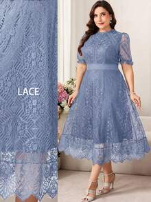 Reflora Plus Size Women's White Lace Midi Dress, Elegant Short Sleeve Summer Dress - Dusty Blue - View 1
