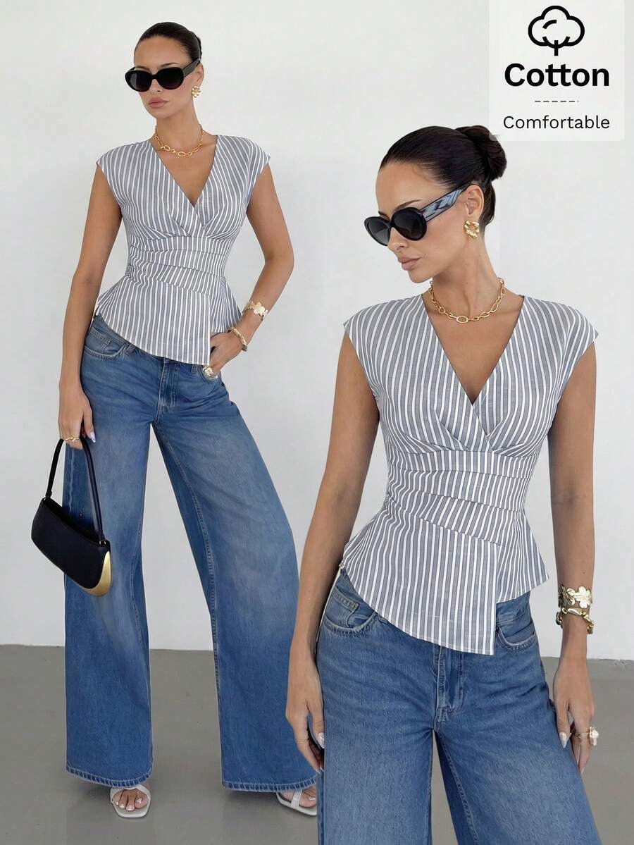 Siren Gaze Women's Striped Overlapping V-Neck Pleated Shirt - Dusty Blue - View 1