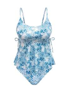 SHEIN Swim 大码女式两件套碎花吊带分叉泳衣，优雅沙滩度假坦克背心 - 薄荷藍 - 查看 4