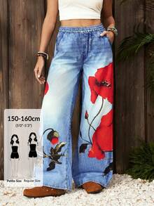 SHEIN PETITE Quần jeans nữ in họa tiết, cạp chun, ống đứng, dáng rộng, thoải mái - Màu xanh lam - Xem 1