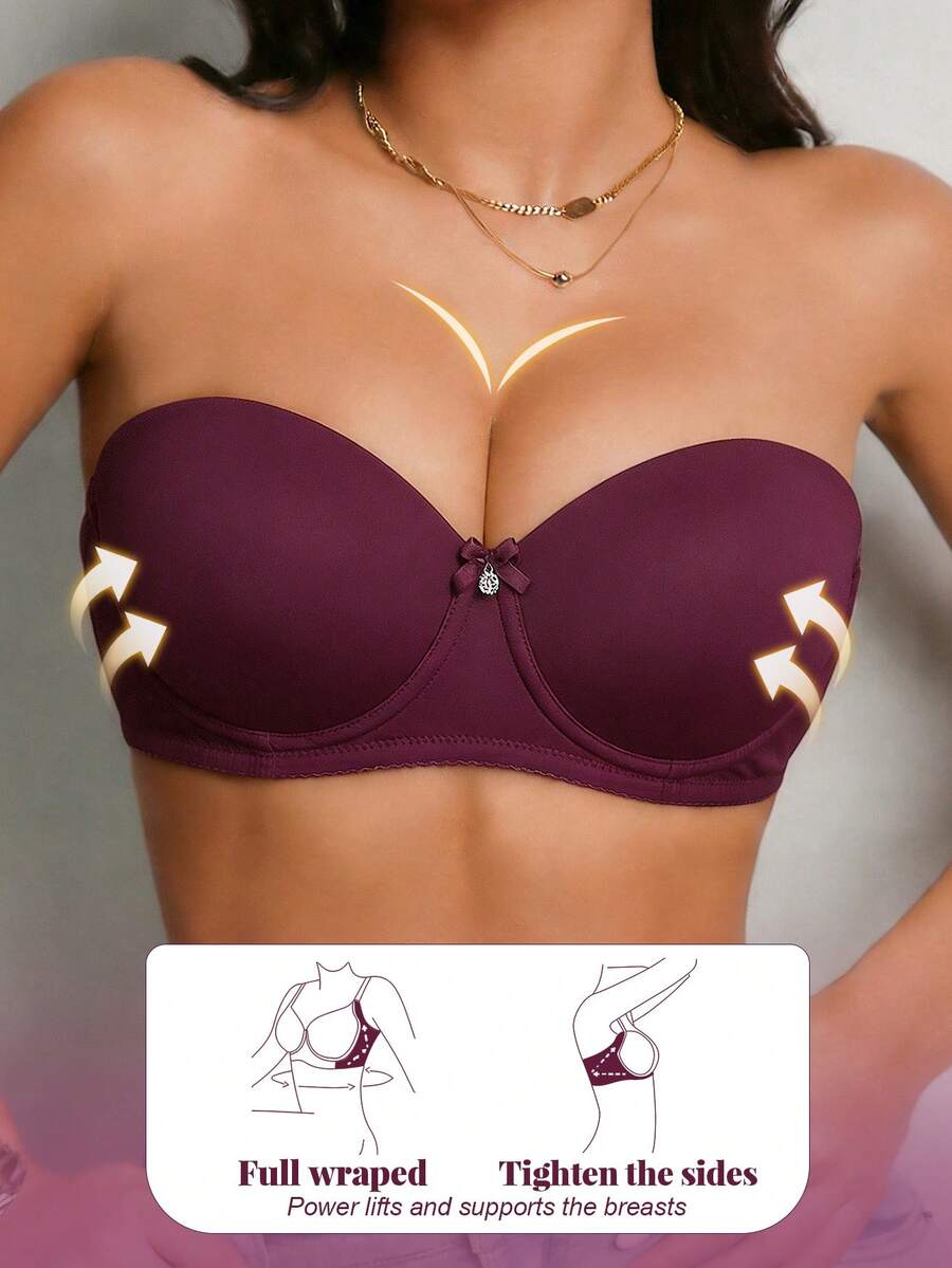 DesireSculpt Women's Romantic Solid Color Rhinestone Bow Decor Strapless Bra With Underwire