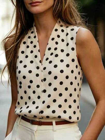 Balvessa Ladies' Polka Dot Beige Shirt With Small V-Neck, Suitable For Vacation, Business, Elegant, Casual, And Commuting Wear, Summer Outfits.
